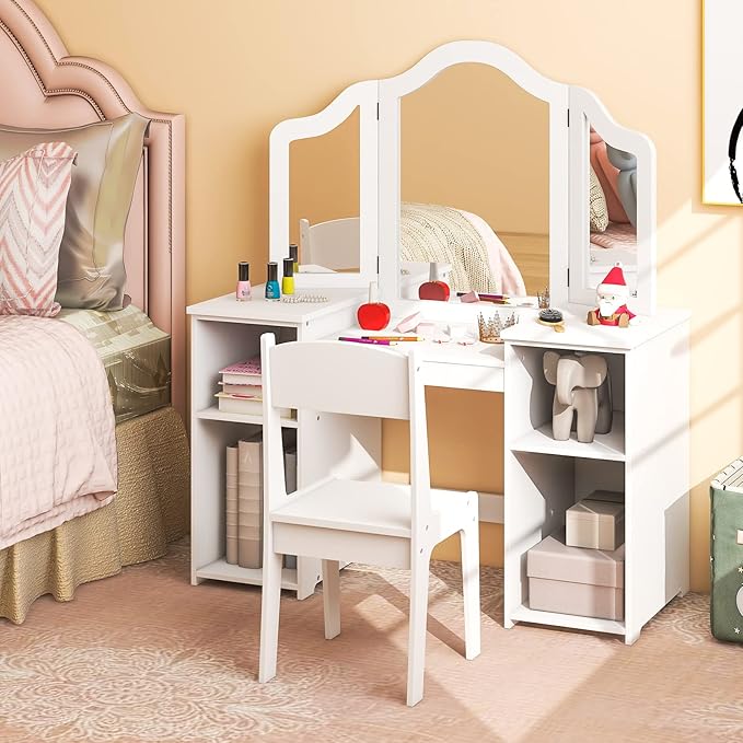 Costzon Kids Vanity, 2 in 1 Princess Makeup Desk & Chair Set with Detachable Tri-Folding Mirror, Storage Shelves, Wooden Toddler Vanity Dressing Table, Vanity Set for Little Girls (White)