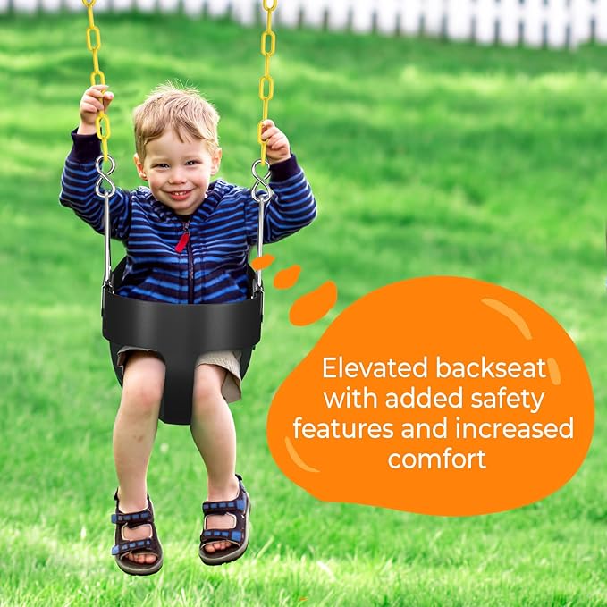 AGPTEK High Back Full Bucket Toddler Swing Seat with Yellow Coated Swing Chains and Carabiners Baby Swing Outdoor for Easy Install (Black)