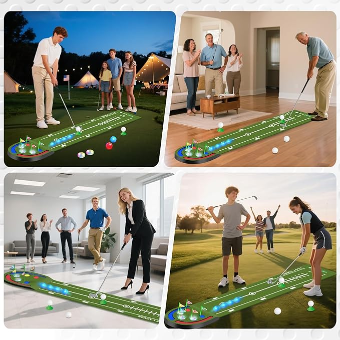Golf Putting Mat for Kids, Toy Golf Set with Light up Holes, Glowing Balls, Practice Putting Green with 2 Clubs, Golfing Mats Indoor Outdoor, Sport Game Gifts for Kids Teens Family