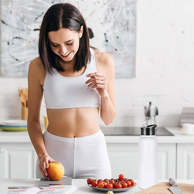 VEGOND 40 oz Insulated Water Bottle Stainless Steel Metal Water Bottles with Leak Proof Straw Lid & Spout Lid, Wide Mouth Double Walled Vacuum Travel Sports Bottle, White