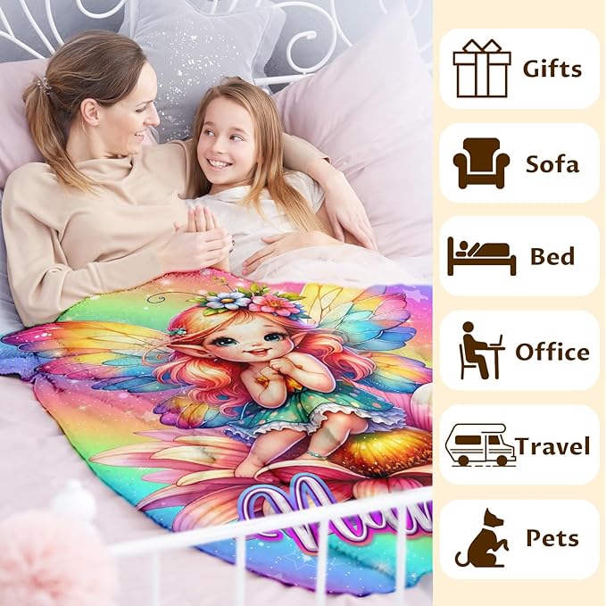 Kids Blanket for Girls Toddlers Fairy Lovers Personalized Cute Stuff Gifts, 30x40 Inches Small Soft Cozy Warm Custom Fairy Throws with Name Gifts for Sofa Chairs Lap Cars