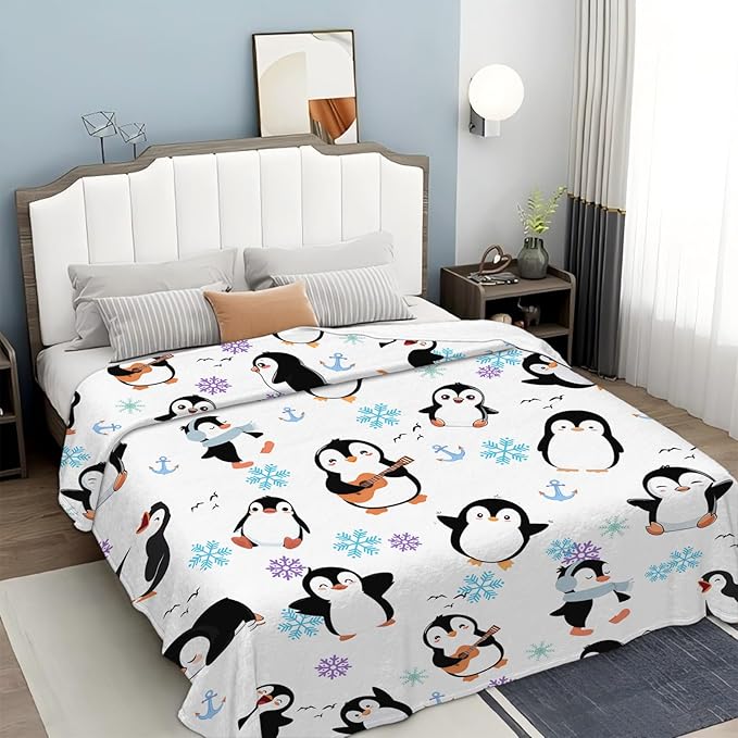 Penguin Throw Blanket for Kids, Cute Penguin Animals Fleece Blanket Gifts for Boys Girls, Warm Cozy Soft Flannel Stuff for Bed Sofa Couch 50" x 40"