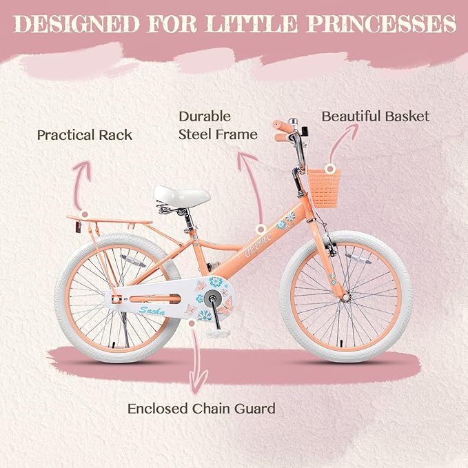 Glerc Sasha Girls Bike, 12-20 Inch Kids Bike for Children Ages 2-13 Years, Kids Bicycle with Doll-Seat & Basket & Training Wheels, Multiple Colors