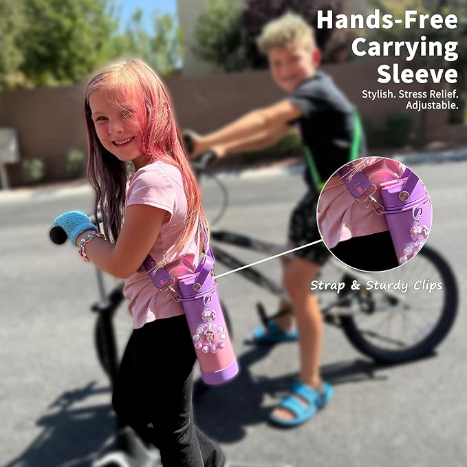 Mininoo Insulated Stainless Steel Kids Water Bottle for School with Straw Lid & Strap, 50 Stickers, 18 oz(Purple/Sky)