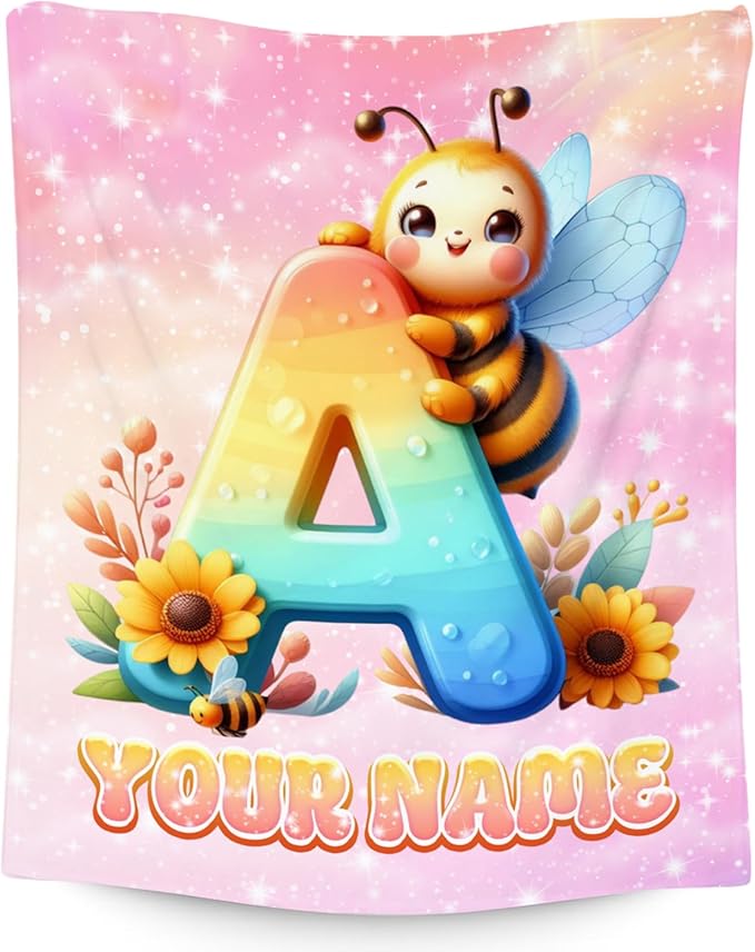 Personalized Blankets for Kids - Bee Blanket for Girls Boys - Custom Name Gifts for Daughter Son - Cute Monogram Fleece Throws - 4 Sizes for Toddler/Children/Teens/Adults