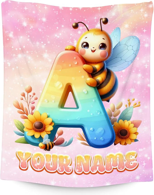 Personalized Blankets for Kids - Bee Blanket for Girls Boys - Custom Name Gifts for Daughter Son - Cute Monogram Fleece Throws - 4 Sizes for Toddler/Children/Teens/Adults