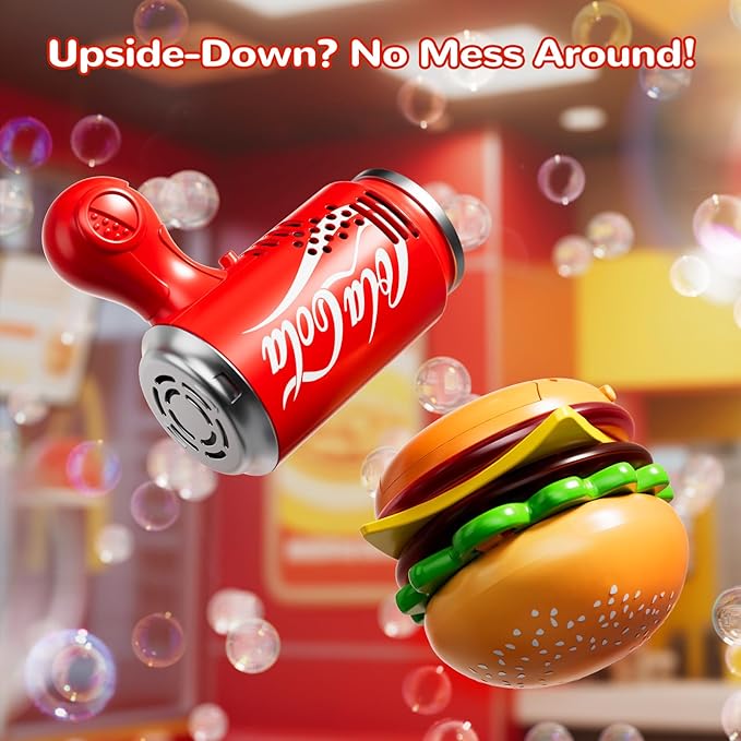 Burger & Cola Bubble Machine Combo W/Bubble Gun, 10 Bubble Solution Packs, Kids Automatic Bubble Blower Toy W/Music & Light, Handheld & Tabletop Bubble Maker, Gift for Birthday, Party Outdoor Fun
