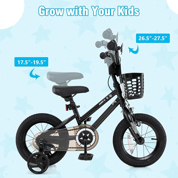 BABY JOY Starry Kids Bike, 12 14 16 18 Inch Bicycle with Training Wheels, Storage Basket, Adjustable Handlebar & Seat, Handbrake & Coaster Brake, Girls Boys Bike
