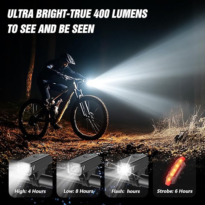 WGGE Ultra Bright USB Rechargeable Bike Light Set,Powerful Bicycle Front Headlight and Back Taillight,Easy to Install for Night Riding Fits All Bicycles,Mountain,Road or Camping