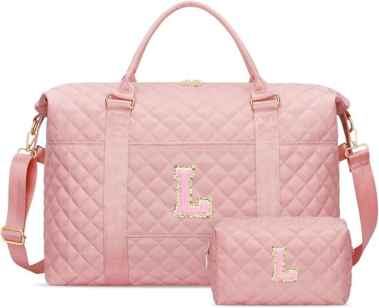 Gifts for Teen Girl, Initial Travel Duffle Bag, Personalized Women Weekender Overnight Bags, Gift for Daughter Kid Girl Wife Friend（Pink,L)