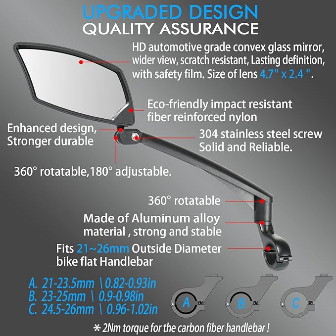 Handlebar Bike Mirror, Scratch Resistant Glass Lens, Ajustable and Rotatable Safe Rearview Bicycle Mirror