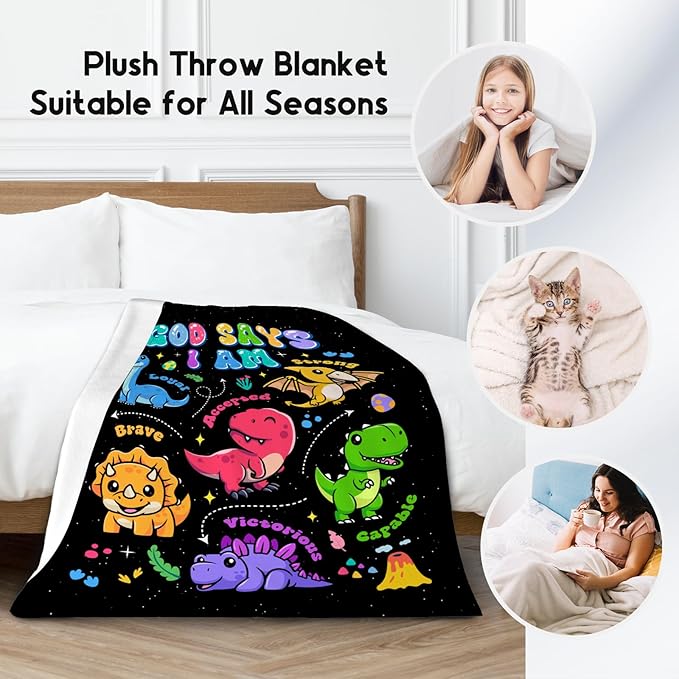 God Says I Am Dinosaur Blanket for Boys, Inspirational Kids Throw Blanket, Soft Plush, 50"x60"