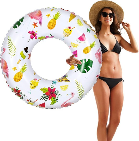 HeySplash Cartoon Swim Ring, Inflatable Durable Round Shaped Flamingo Summer Pool Beach Party Swimming Float Tube, Water Fun Swim Pool Toys with Repair Patch for Adults, 80cm Diameter, White+Yellow