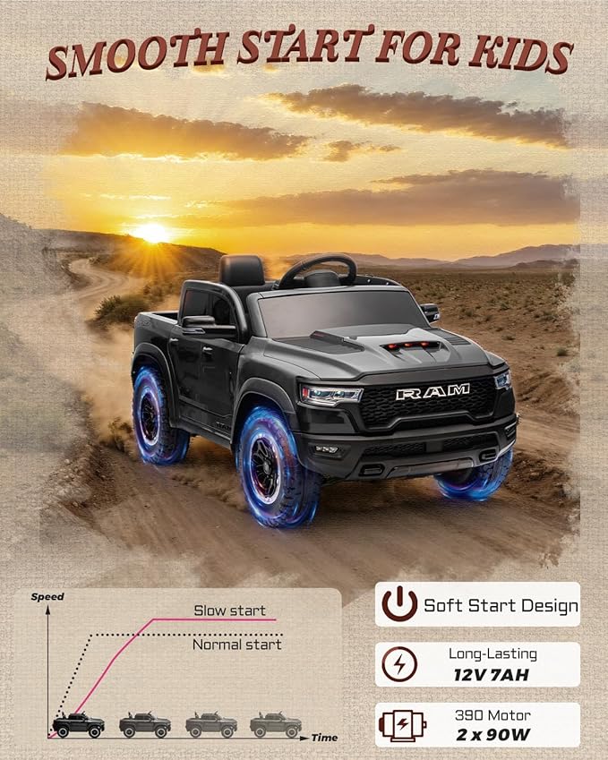 First Ride On 12V Licensed Ram 1500 Ride on Toy for Kids, Toddler Ride on Pickup Truck with Parent Remote Control, Electric Car for Kids with Truck Bed Storage, 3 Point Safety Belt (Black)