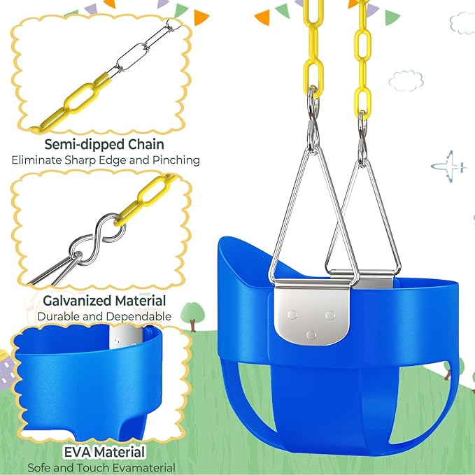 AGPTEK Full Bucket Toddler Swing Seat with Yellow Swing Chains and Carabiners for Easy Install (Blue)
