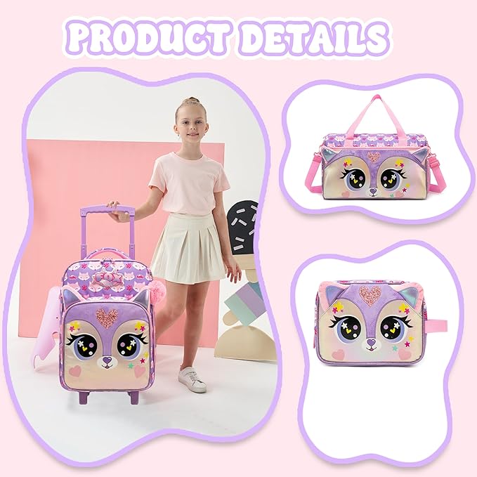 Girls Luggage with Wheels Suitcases Kids Travel Softside Suitcases 16" Carry on Suitcase with Duffle Bag Luggage Sets Airline Approved