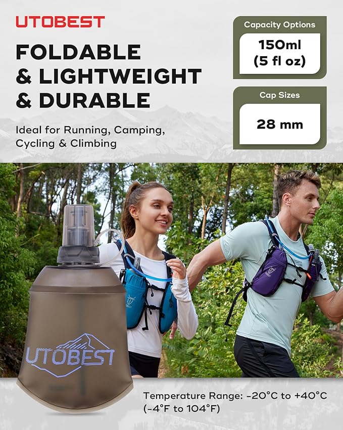 UTOBEST 150ml Soft Flask, 2 Pack Flexible TPU Hydration Water Bottle, Collapsible with 28mm Caliber for Running, Hiking, Cycling, Climbing, and Marathon Purple