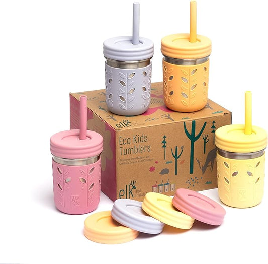 Elk and Friends 10oz Stainless Steel Kids + Toddler Drinking Cups | The Original Mason Jar with Sleeves + Lids | Silicone Straws | Smoothies | Storage Jar | Spill Resistant | Dishwasher Safe | 4 Pack