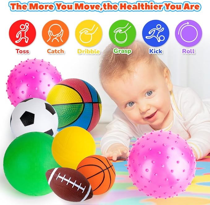 Balls for Toddlers 1-3,Toddler Sports Ball Outdoor Toys,Set of 7 Kids Foam Ball Baby Ball Indoor Outdoor Toys-Playground Ball Basketball Football Volleyball Rugby Bounce Ball with Bag