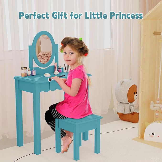 HLR Kids Vanity,Little Girls Vanity Set with Mirror and Stool,Wooden 2 in 1 Princess Makeup Desk Dressing Table with Detachable Top, Toddler Vanity Dresser Set with Drawer for Little Girls,Blue