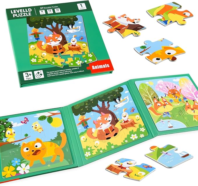 ASTARON Magnetic Puzzles for Toddlers, 9-12-16 Pieces Animal World Learning Magnet Puzzles for Road Trip, Educational Travel Toys Car Plane Activities for Kids, Kids Birthday Gifts