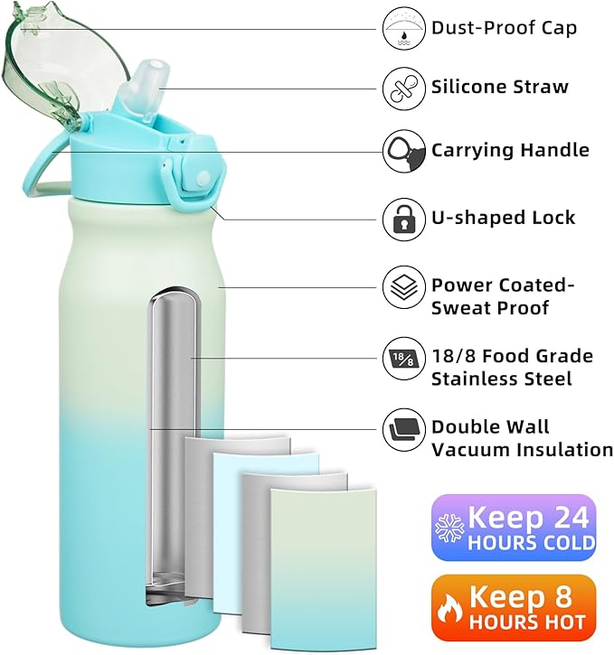 BJPKPK Stainless Steel Insulated Water Bottle with Straw Lid 25oz Reusable Metal Thermal Flask Bottles Keep Cold and Hot,Mint