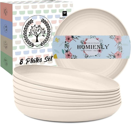 Homienly Plastic Dinner Plates, Wheat Straw Plates 11 Inch, Lightweight Unbreakable Plates Set of 8, Microwave Safe Plates, Deep Plates for Dinner - Beige