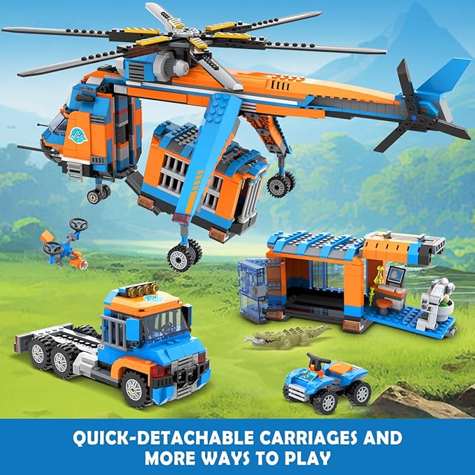 City Jungle Adventurer Helicopter Building Toys - 1356PCS Forest Truck Adventure Building Set with Car Crocodile Brown Bear Wildlife Rescue Blocks Playset Gift for Adults Kids Boys 6+ Years