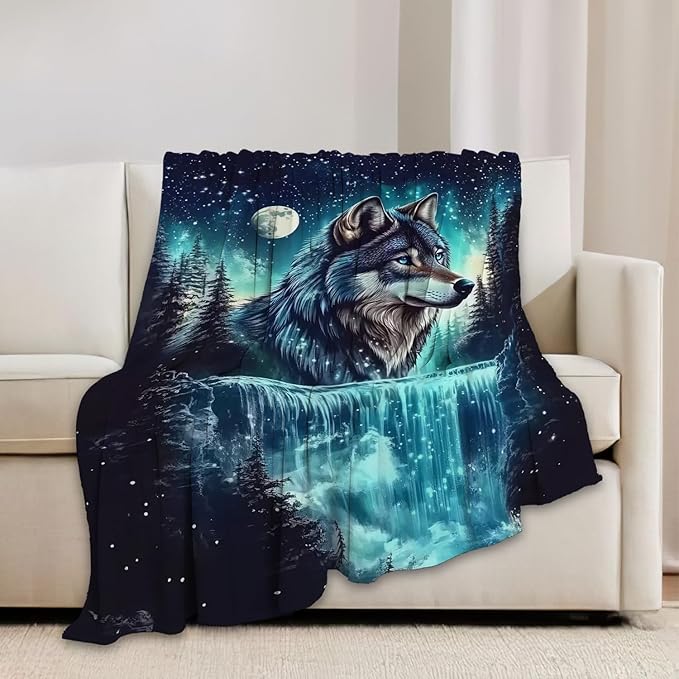 Wolf Blanket Wolves Lover Throw Blankets Waterfall Gifts for Girls Boys Kids Soft Cozy Fleece Plush for Couch Sofa Bed 60"x50"