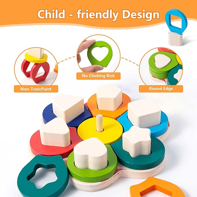 Montessori Toys for 3 to 9-Year-Old Boys Girls Toddlers, Wooden Sorting & Stacking Toys for Toddlers and Kids Preschool, Educational Color Recognition Shape Sorter, Learning Puzzles Gift