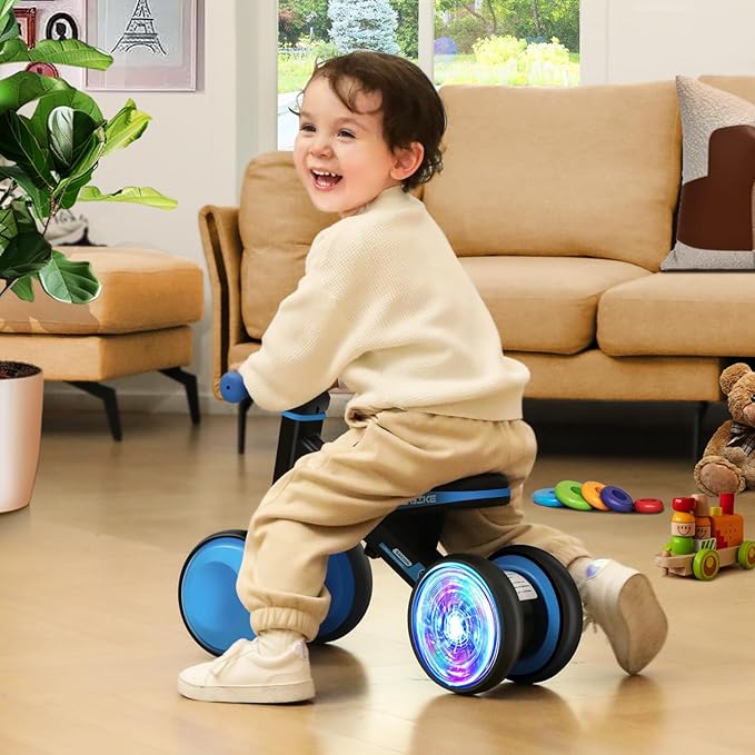 Baby Balance Bike for 1 Year Old Boys and Girls – Toddler First Bike with Colorful Lighting, 4 Wheels Safe Indoor Ride On Toy for 12-24 Months, First Birthday Gift