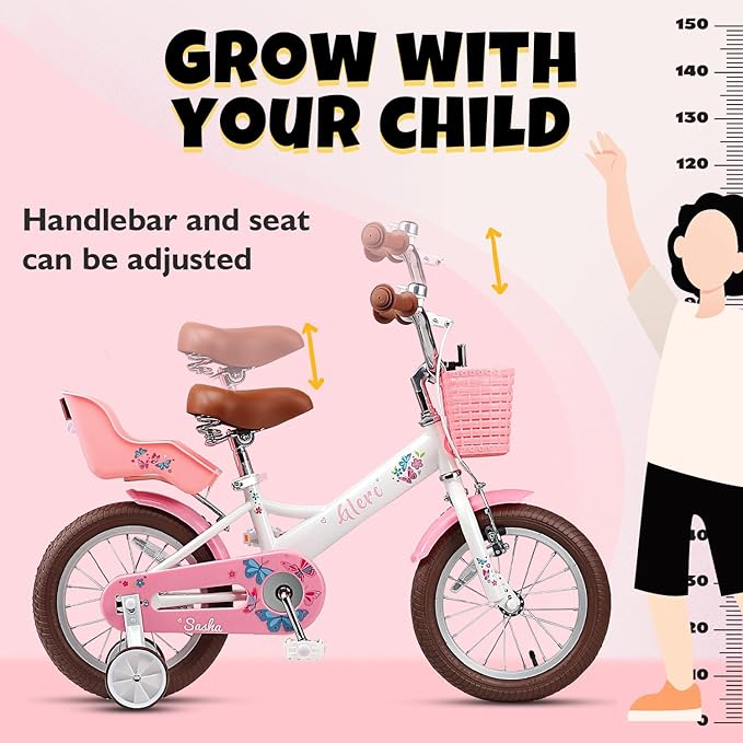 Glerc Sasha Girls Bike, 12-20 Inch Kids Bike for Ages 2-13 Years Old Children, Retro Vintage Style Kids Bicycle with Doll Bike Seat, Basket and Training Wheels, Multiple Colors