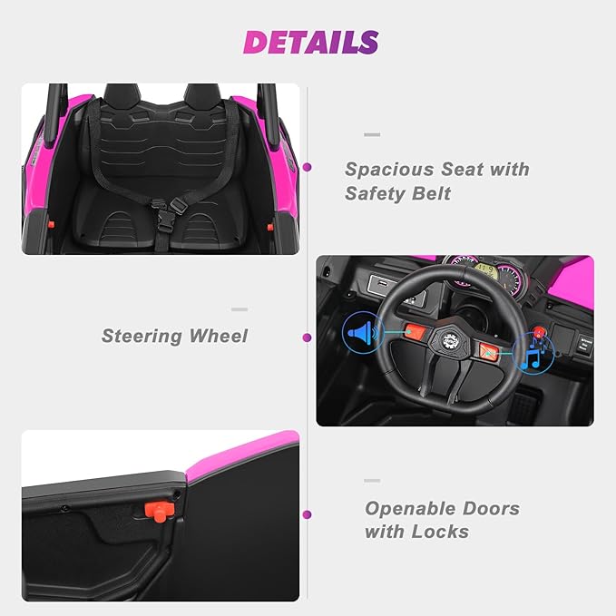 JOYLDIAS 4WD Ride On Car, 12V Battery Powered Electric Off-Road UTV for Kids, 4X4 Electric Vehicle W/4 Powerful Engines, 2.4G Remote Control, Music, Bluetooth, LED Lights for Boys and Girls, Pink