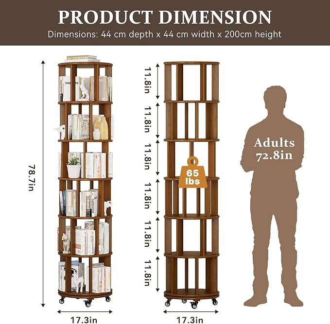 Rotating Bookshelf Tower with Wheels, 6 Tier Walnut Wood Round Spinning Bookshelf Tower, 360° Revolving Bookcase Rolling for Kids Adult, Rotation Book Shelf for Bedroom, Living, Office, Corner