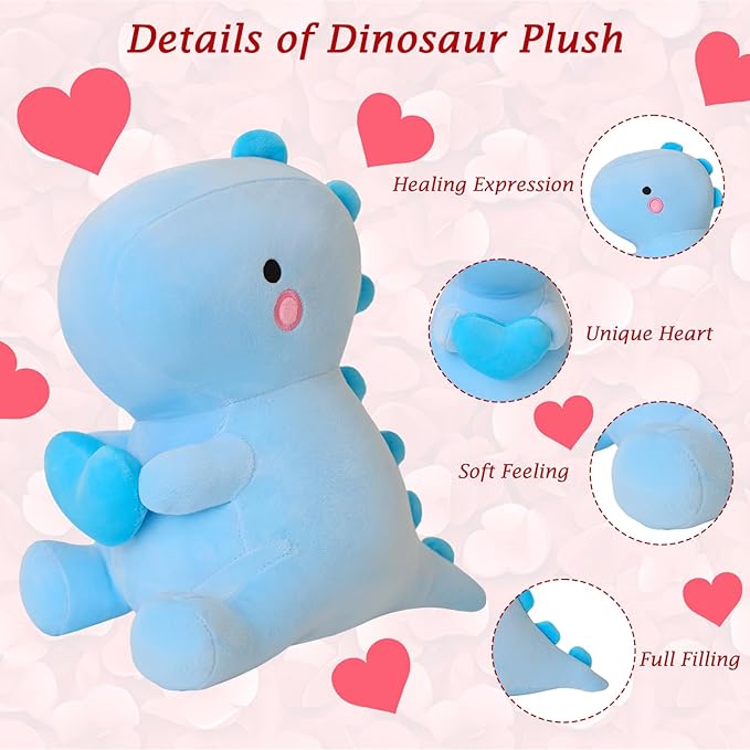 SQEQE Dinosaur Stuffed Animal, Loving Soft Dino Plush Toys with Holding Heart, Sweet Romantic Anniversary Birthday Gift for Her Girls Boys Girlfriend(Blue,12 inch)