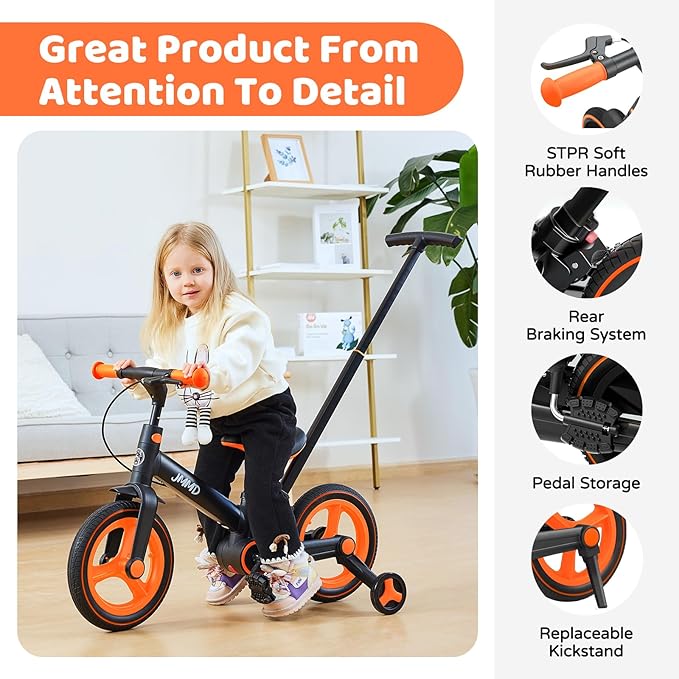 JMMD Toddler Bike with Push Handle for Kids 18-60 Months, 6 in 1 Foldable Push Bike with Training Wheels, Pedals, Brakes, Kickstand, Kid Balance Bike Gift & Toys for Boy & Girl