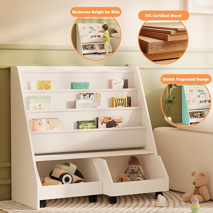 Kids Bookshelf with Two Movable Drawers Toddler Bookcase with Toy Storage Organizer Child Sling Book Rack Baby Cabinet Chest with Wheels for Nursery,Playroom,Bedroom,Living Room,Classroom