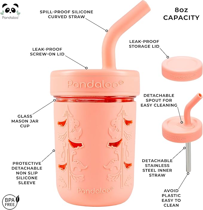 Pandaloo® Mason Jar Toddler Cup - 8 oz Spill-Proof Glass Tumbler with Silicone Straw and Lid, Non-Slip Sleeve, BPA-Free Toddler Snack Cups - Perfect Smoothie Cups with Lids and Straws for Kids