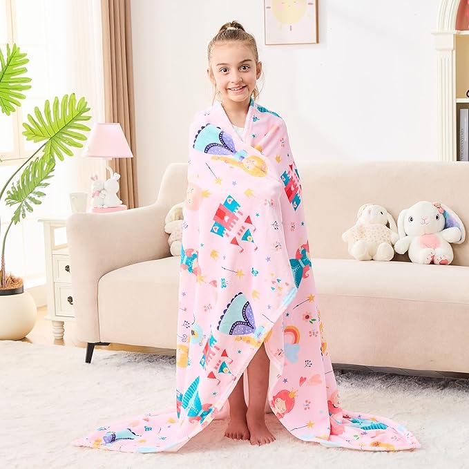 Wajade Kids Pink Princess Blanket for Girls Soft Fleece Blanket for Couch Sofa Bedroom Princess Fairy Tales Castle Throw Blanket for Kids Teens 50"x60"