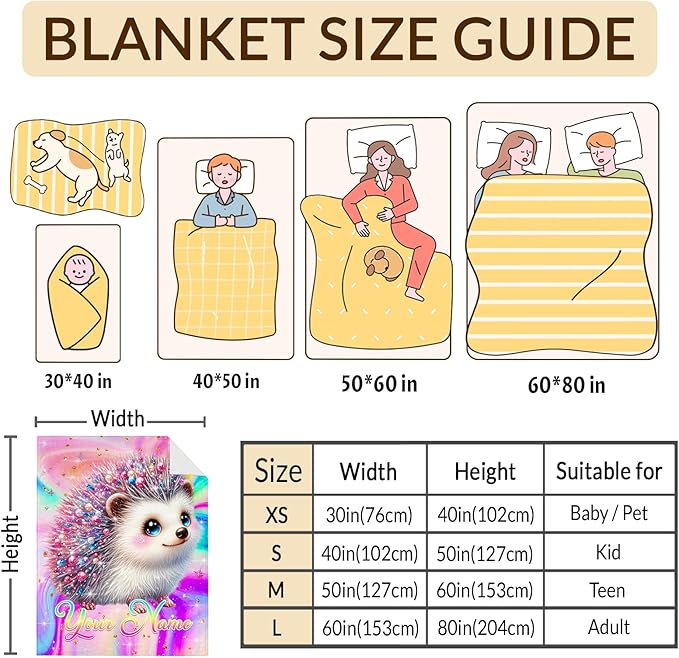 Personalized Blanket for Girls Hedgehog Throw Blanket Gifts for Kids Teens, 60x50 Inches Custom Lightweight Flannel Blankets Throws for Couch Sofa Bed