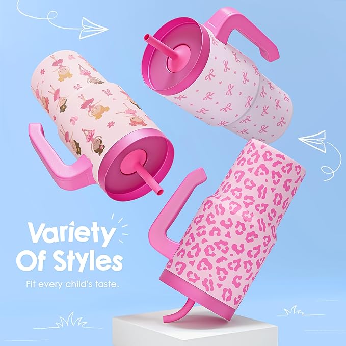 Leopard Print Kid 20oz Tumbler with Handle and Silicone Straw Lid, Insulated Stainless Steel Cup, Gift for Kids Girls, Gifts Idea for Birthday Christmas Back to School