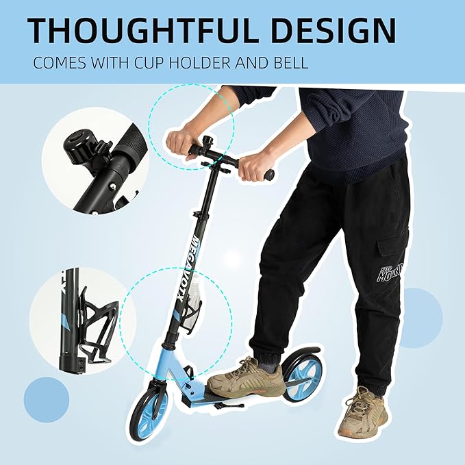 Foldable Kids Scooter with 8 inch Sturdy Wheels - Scooters for Kids, Teens, Adults Ages 8+, Adjustable Handlebar, Gift for Boys&Girls, 220lbs Max Load, Bearing ABEC7,Cup Holder