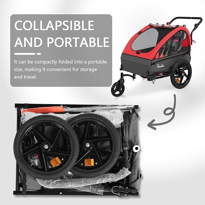 Sepnine Kids Bike Trailer, 2 in1 Canopy Carrier Converts to Stroller Suitable for 1 to 2 Kids, 12+ Months, Quick Attach to Bike, Foldable, with 5-Point Harness and Storage Bags