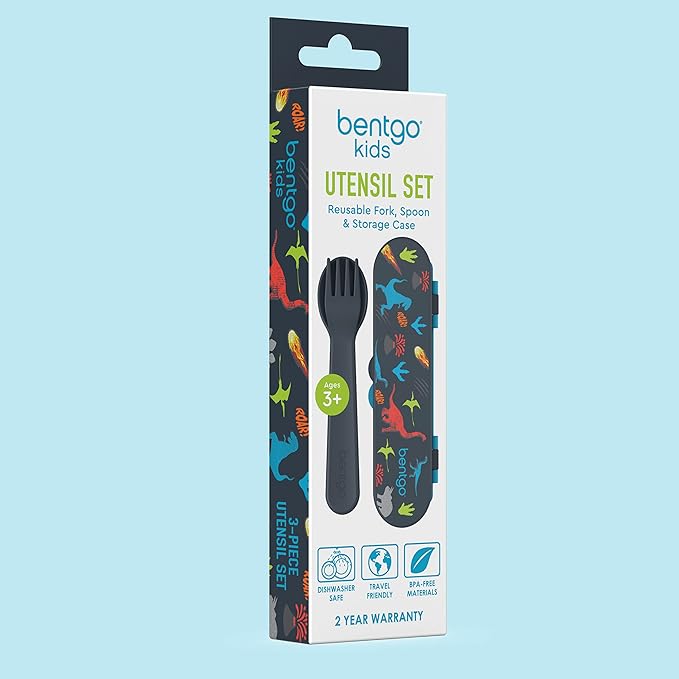 Bentgo Kids Utensil Set - Reusable Plastic Fork, Spoon & Storage Case - BPA-Free Materials, Easy-Grip Handles, Dishwasher Safe - Ideal for School Lunch, Travel, & Outdoors (Dinosaur)