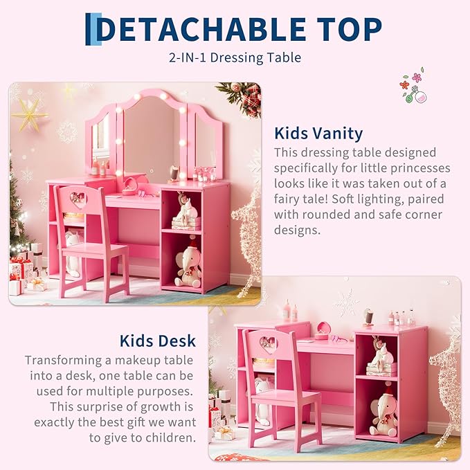 Kids Vanity with Lights,Princess Makeup Desk and Chair with Tri-Fold Mirror,Open Bookshelf, Storage Cabinet,Toddler Vanity,Pretend Play Dressing Table for Little Girls,Pink