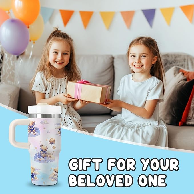 Bear Gifts - 14 Oz Cartoon Kids Tumbler with Handle and Straw, Stainless Steel Insulated Water Bottle,for Boys Girls, School, Travel - Cute Bear Themed Children Birthday Gift Cup(1pc)