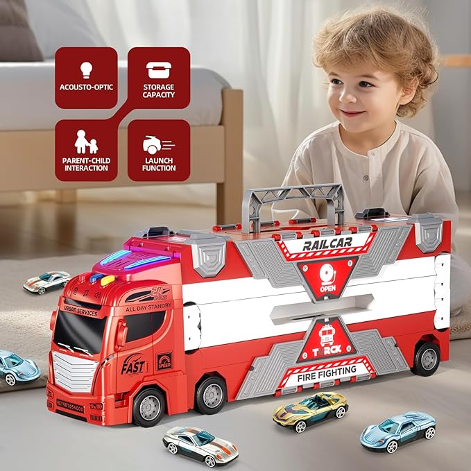 65-Inch Race Car Tracks and 20 Car Toys for Toddlers Boys Kids 1-3 4-7, Toy Trucks for Toddler 2 3 4 5 6 7 8 Years Old with Lights Sounds, Carrier Truck Toys Gift for Boys Girls Kids