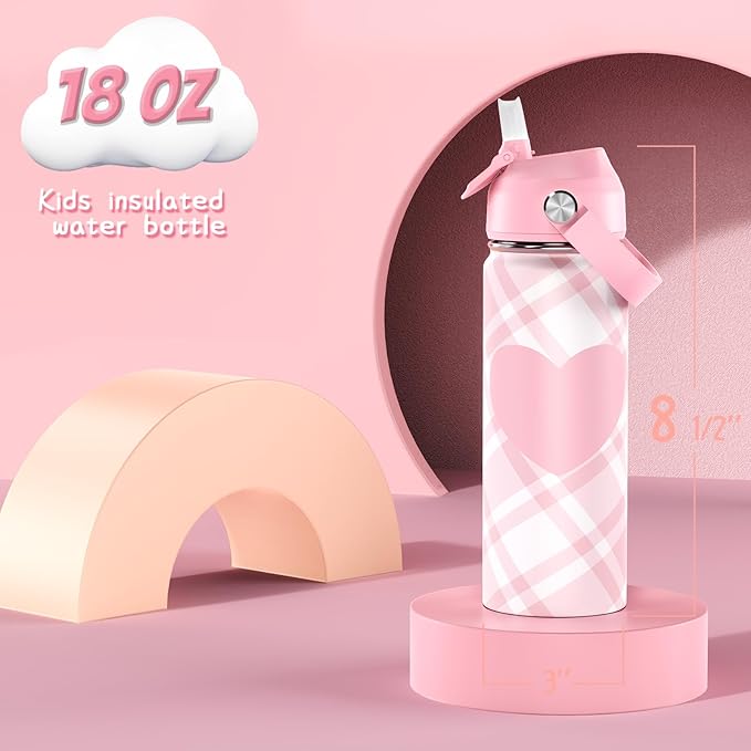 18oz Kids Insulated Water Bottle with Straw Lid - 18/8 Stainless Steel Kid Cup Travel Tumbler Double Wall Vacuum Leak Proof Portable Toddler Water Bottle (Plaid Pink+Green）