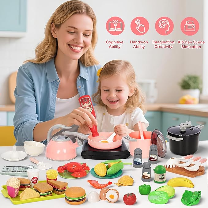 168Pcs Kids Play Kitchen Accessories Toy Set, Pretend Cooking Food Playset with Induction Cooktop, Pot, Pan, Utensils, Cutting Fruit, Prop Money & Shopping Basket, Learning Gifts for Toddler Girl Boy