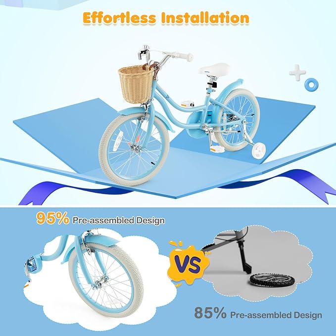 BABY JOY Kids Bike, 14 16 18 Inch Retro Kids Bicycles for 3-8 Years Old Children with Training Wheels, Adjustable Height, Rattan Basket, Handbrake & Coaster Brake, Boys Girls Bike (Pink, Green, Blue)